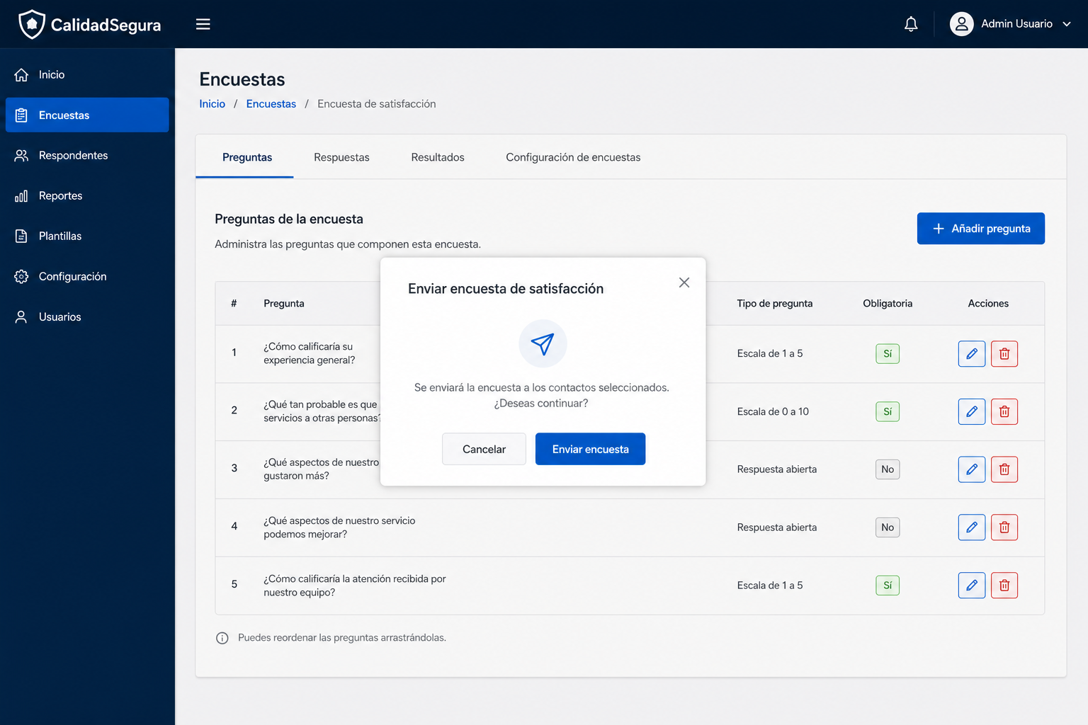 Panel de encuestas en CalidadSegura