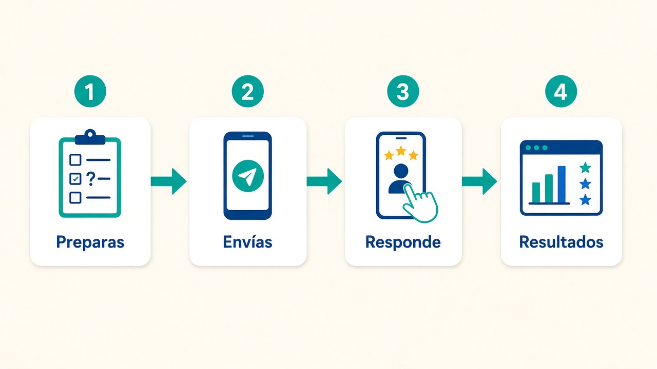 Proceso de encuesta: preparas, envías, el cliente responde y ves resultados