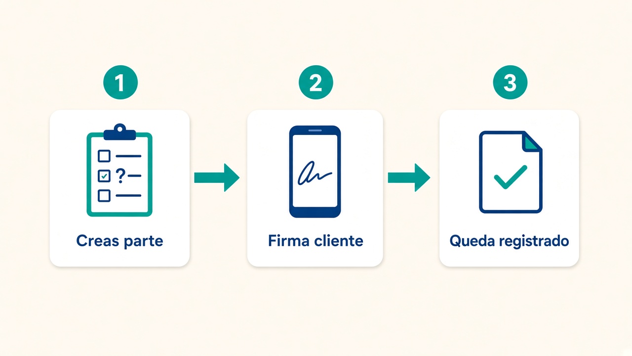 Proceso del parte: creas el parte, firma el cliente y queda registrado